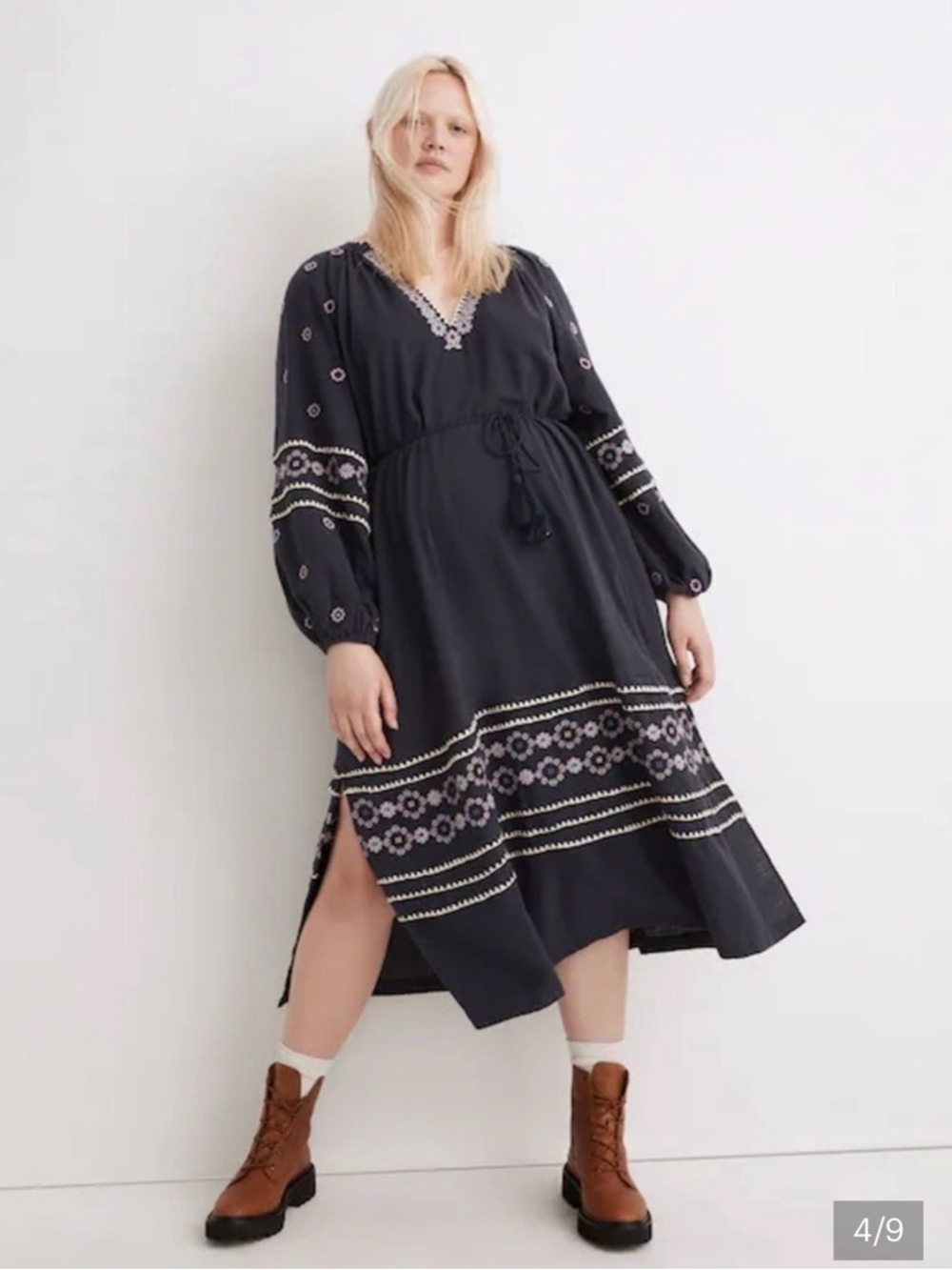 Madewell Navy Blue Embroidered Midi Dress with White & Lavender Accents